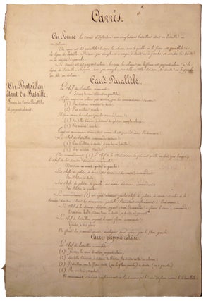 Manuscrit sur la manière de former les carrés d'infanterie, avec un ou plusieurs bataillons, d'une fine écriture calligraphiée.