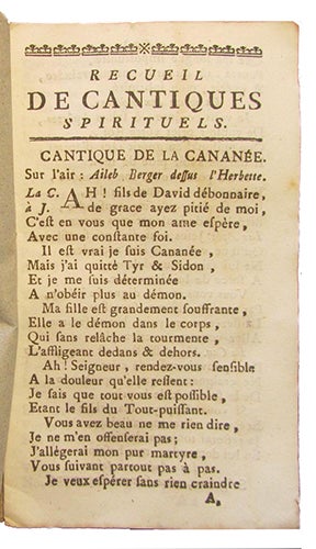 Item #16397 Recueil de cantiques Spirituels, cantique de la Cananée. sur l'air: Aileb berger dessus l'herbette.