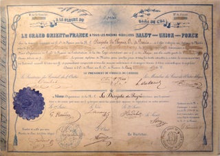 Item #19108 DIPLÔME DE MAITRE, gravé en bleu sur parchemin, décerné à un membre de la Loge...