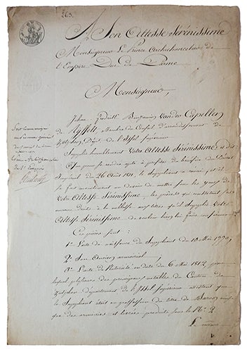 Item #20092 Lettre autographe (de la main de son secrétaire) signée par Cambacérès, en date de Bruxelles le 21 mars 1819, et adressée au jurisconsulte et avocat Dejoly à Paris. CAMBACÉRÉS, J J. R. de.
