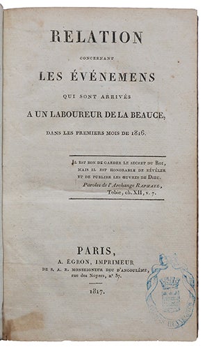 Item #20222 Relation concernant les évènemens qui sont arrivés à Thomas Martin, laboureur à Gallardon, en Beauce, dans les premiers mois de 1816. SILVY, Louis.