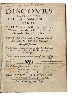 Item #20751 Discours fait en une célèbre assemblée, touchant la guérison des playes par la...