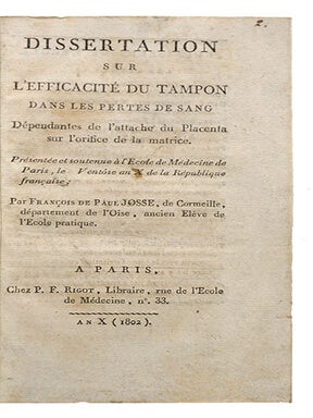 Item #20912 Dissertation sur l'efficacité du tampon dans les pertes de sang, dépendantes de...