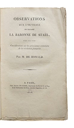 Item #21078 Observations sur l'ouvrage de Madame la baronne de Staël, ayant pour titre:...