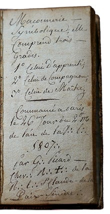 Tuileur de poche manuscrit du rite français, commencé à Paris le 26e jour du 2e mois de l'an de la V.: L.: 5807, par G.: Picard, chev.: R.: C.: de la R.: L.: St Claude de la Paix Sincère.