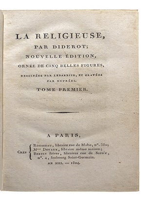 La religieuse, Nouvelle édition, ornée de cinq belles figures, dessinées par Lebarbier, et gravées par Dupréel.