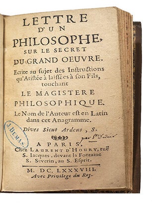 Lettre d'un philosophe sur le secret du Grand Oeuvre, Ecrite au sujet des Instructions qu'Aristée à laissées à son fils, touchant le Magistère Philosophique. Le nom de l'auteur est en Latin dans cet anagramme: Dives Sicut Ardens, S.