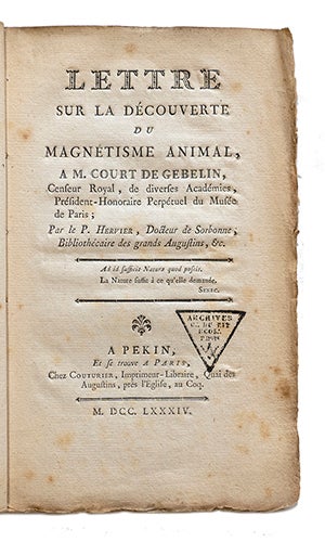 Item #21309 Lettre sur la découverte du magnétisme animal, à M. Court de Gebelin, Censeur royal, de diverses académies, Président-honoraire perpétuel du Musée de Paris. HERVIER, Charles.