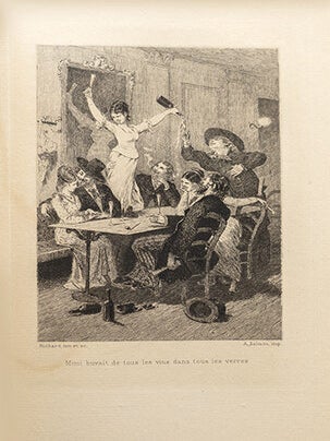 La vie de Bohême, avec un front. et 12 gravures à l'eau-forte par Adolphe Bichard.