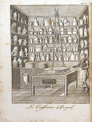 Le Confiseur royal, ou l'art du confiseur dévoilé aux gourmands, Contenant la manière de faire les confitures, marmelades, compotes, dragées, pastilles, etc.. des instructions sur la distillation, La composition des liqueurs, crèmes, huiles, et la manière de faire les ratafias et les fruits è l'eau-de-vie; divers articles concernant l'office et la pâtisserie... toutes sortes de vinaigres et les aromatiser, les eaux odoriférantes etc... 7e édition.